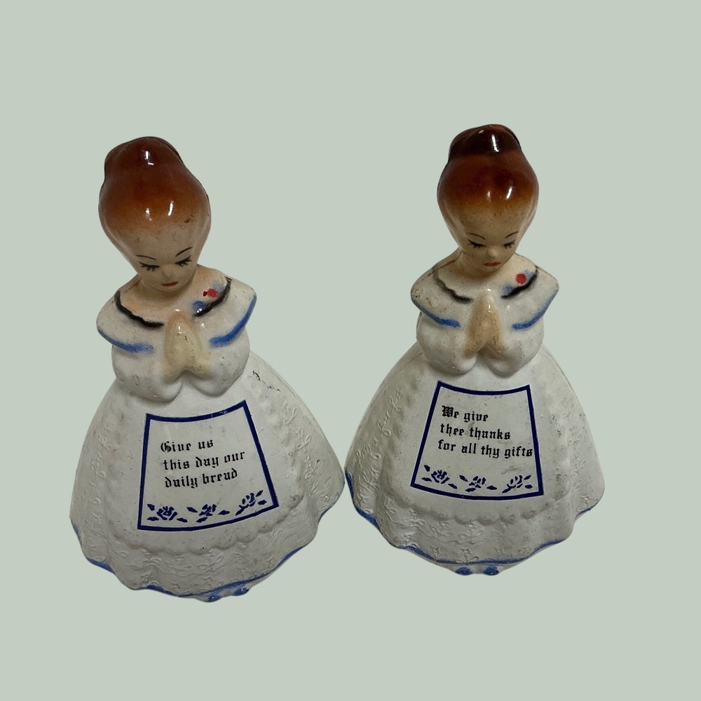 Vintage Praying Girl Salt and Pepper Shakers Set Religious Grace Hong Kong 4in